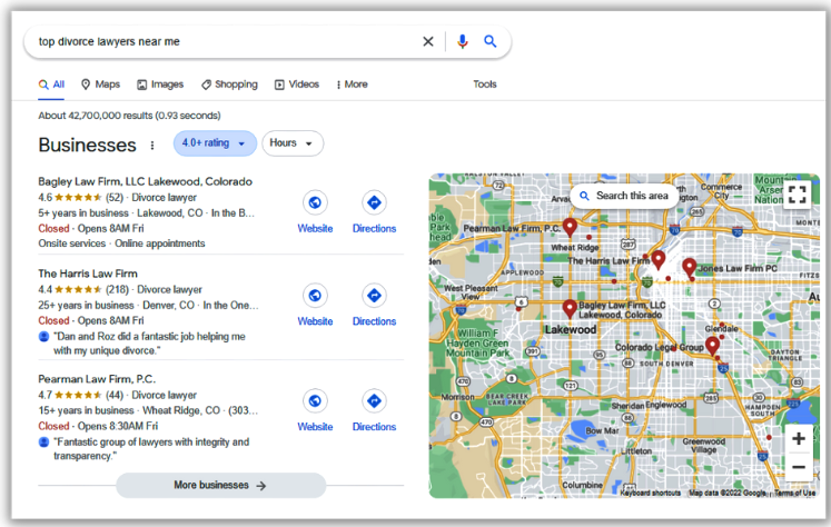 Here you can see the Google local results preview for the keyword “top divorce lawyers near me”